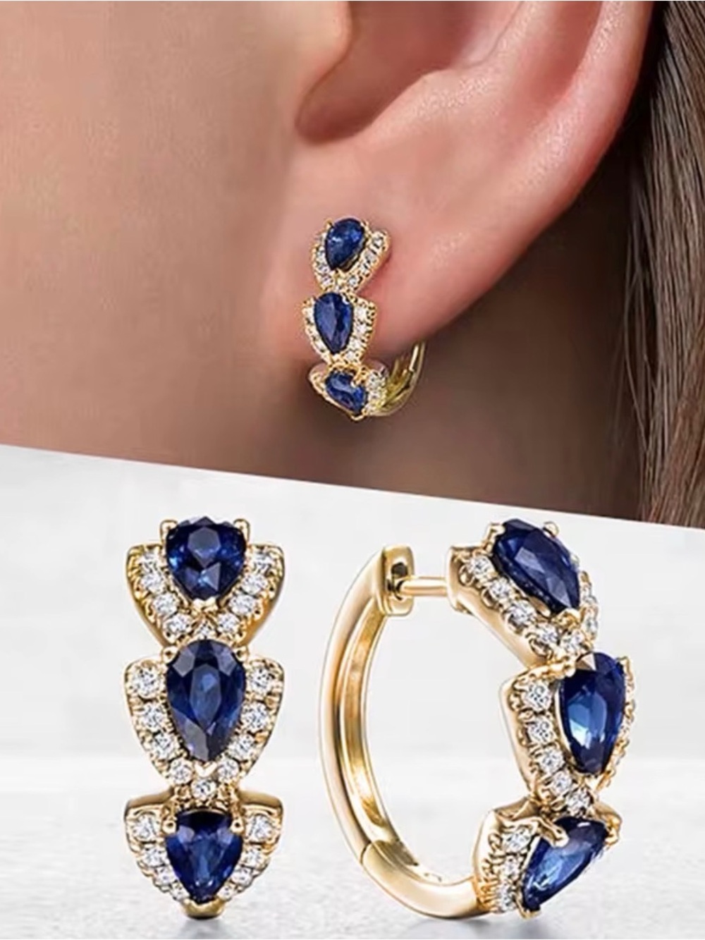 Macy’s Sapphire Simulant & Diamond Simulant Gold Tone Hoop Earrings NWOT